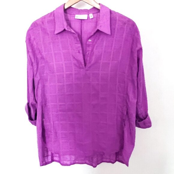 RAFAELLA Audree Window Print Dobby Long Sleeve Button-Down Tunic Top Fuchsia L - Picture 4 of 11